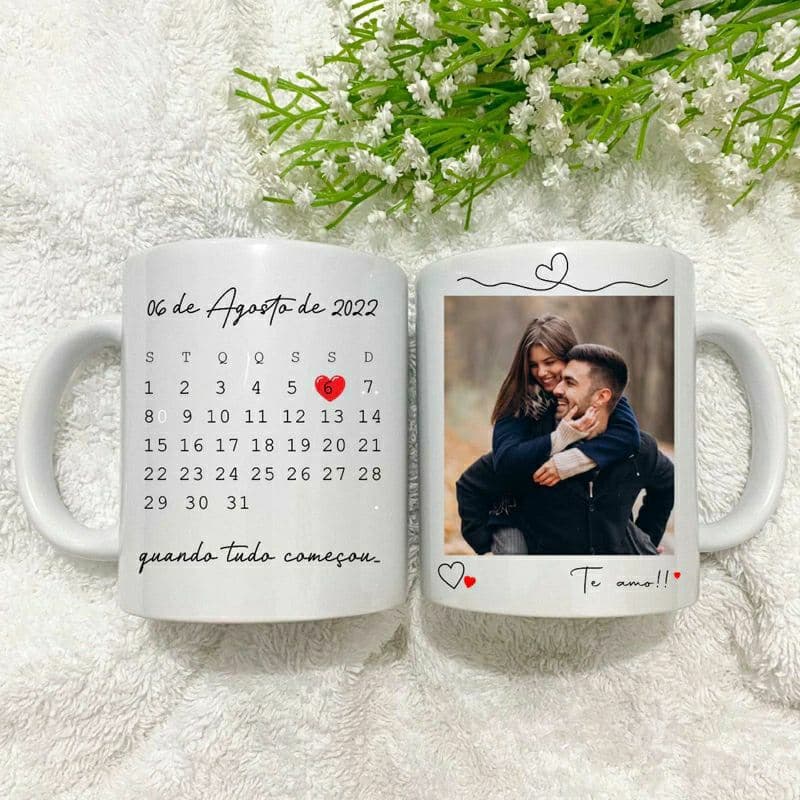 Caneca de Calendário Personalizada com foto e data | dia dos Namorados, Casamento, aniversário