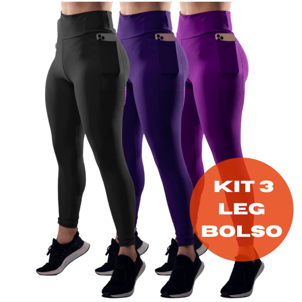 kit 3 Calça Legging Feminina com Bolso Lateral Bolsos Grandes Suplex Grosso