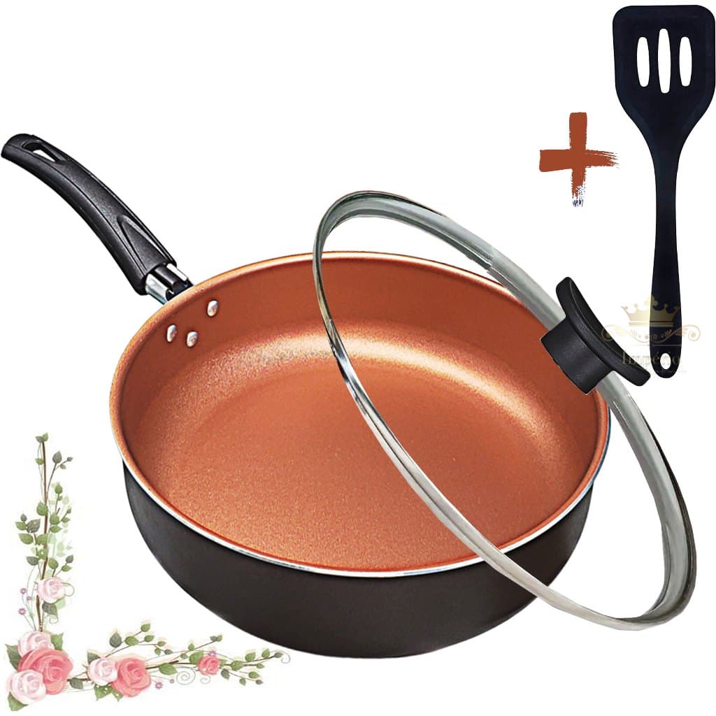 Frigideira Alta Antiaderente Com Tampa De Vidro e Espátula 24Cm Grande Teflon Cor Preto Cobre Alumínio Grosso