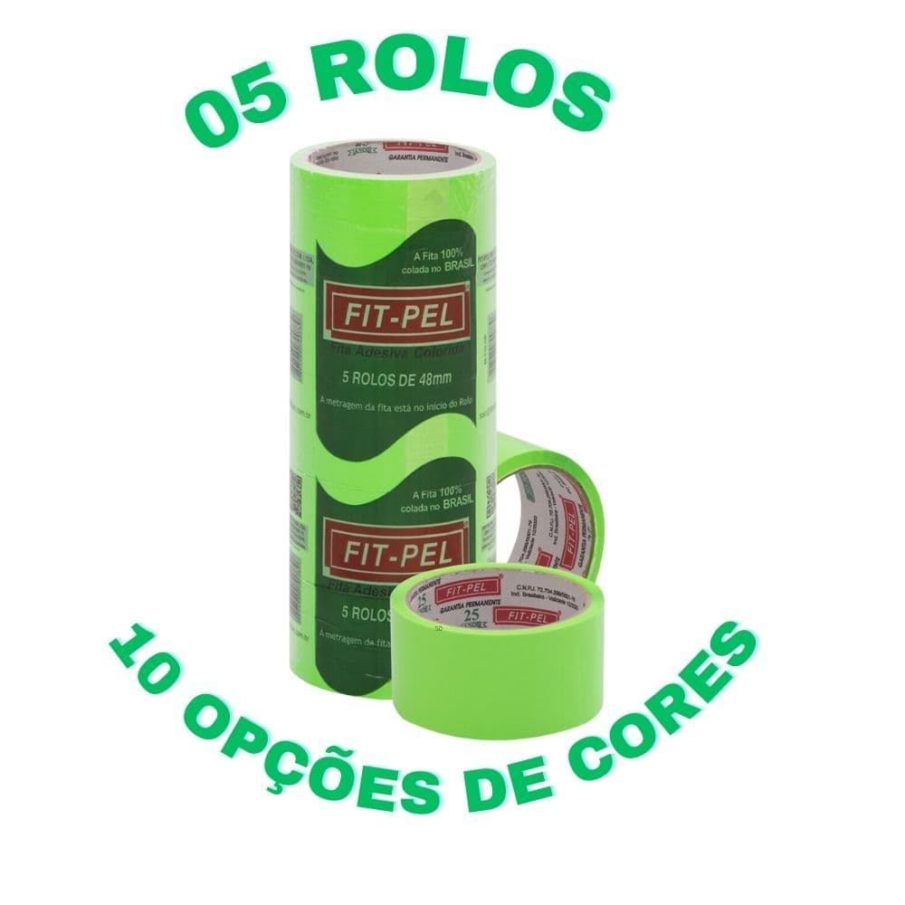 5 Fitas Adesivas Coloridas 48mmX40m Fit-Pel - 05 Rolos - 12 Cores Disponíveis