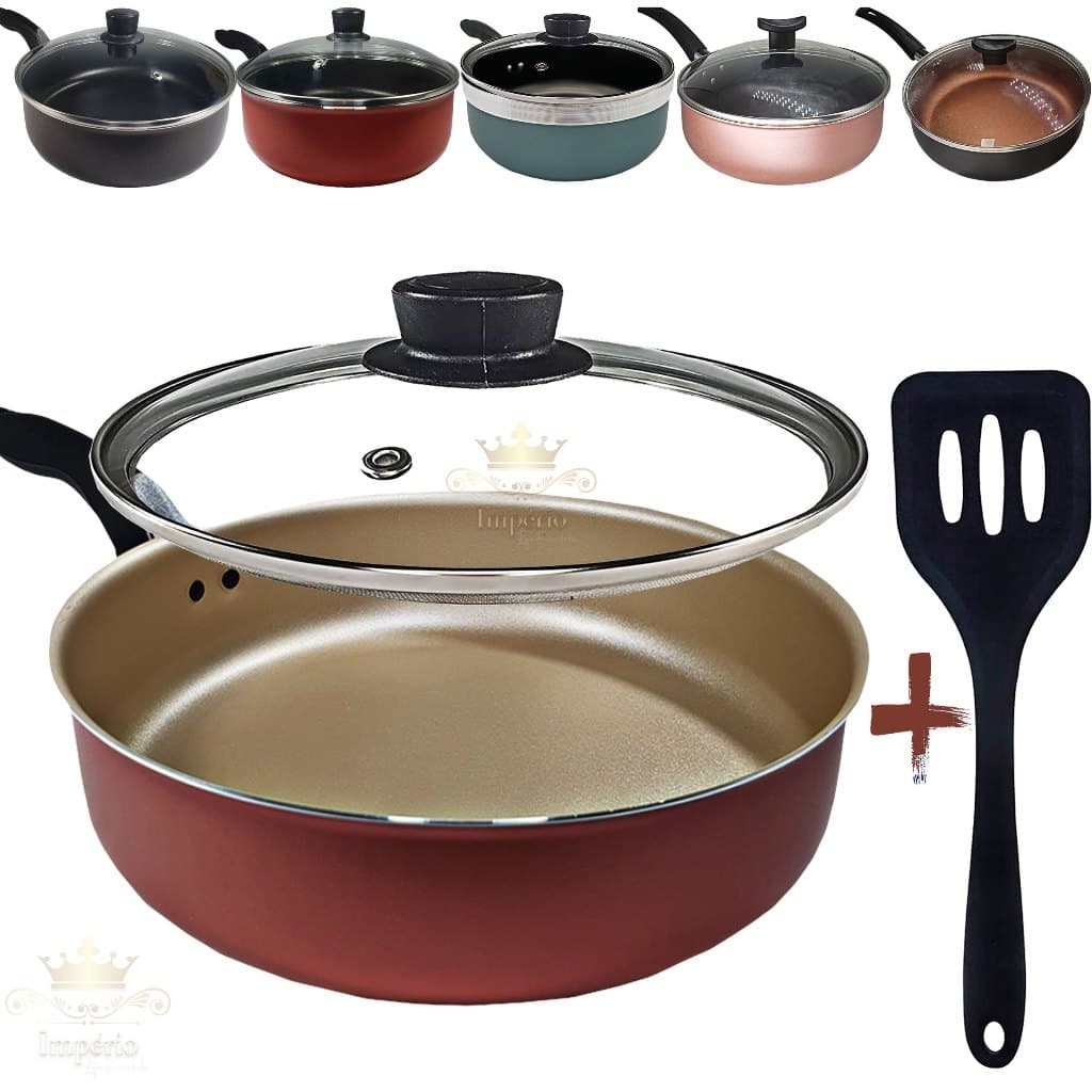 Frigideira Antiaderente Alta 24Cm Com Tampa De Vidro Espátula Cor Rosa Cobre Cereja Gold Preta Rouge Turquesa Teflon