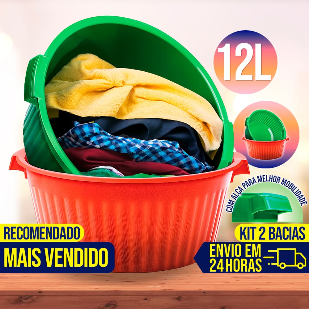 Kit 2 Bacia Grande 12 Litros Plástico Grande Resistente Multiuso 2 Alças Lava Roupa Cabe Tudo Bacias