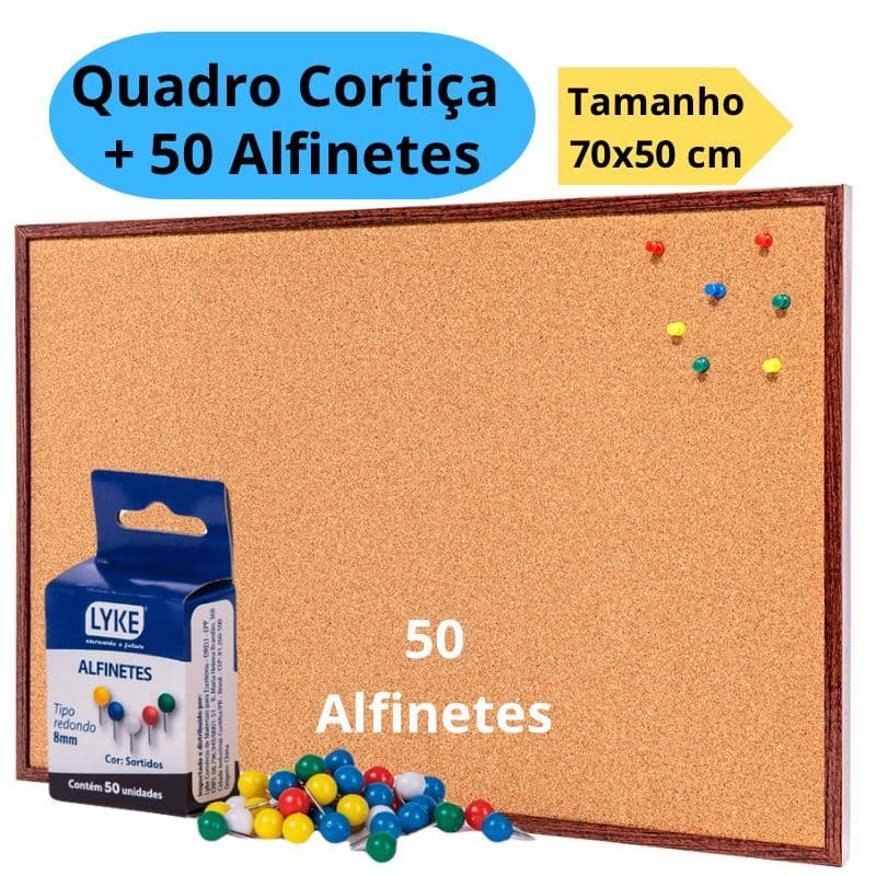 Quadro De Aviso Cortiça 70x50cm Moldura Madeira + 50 Alfinetes Mural Fotos Lembretes