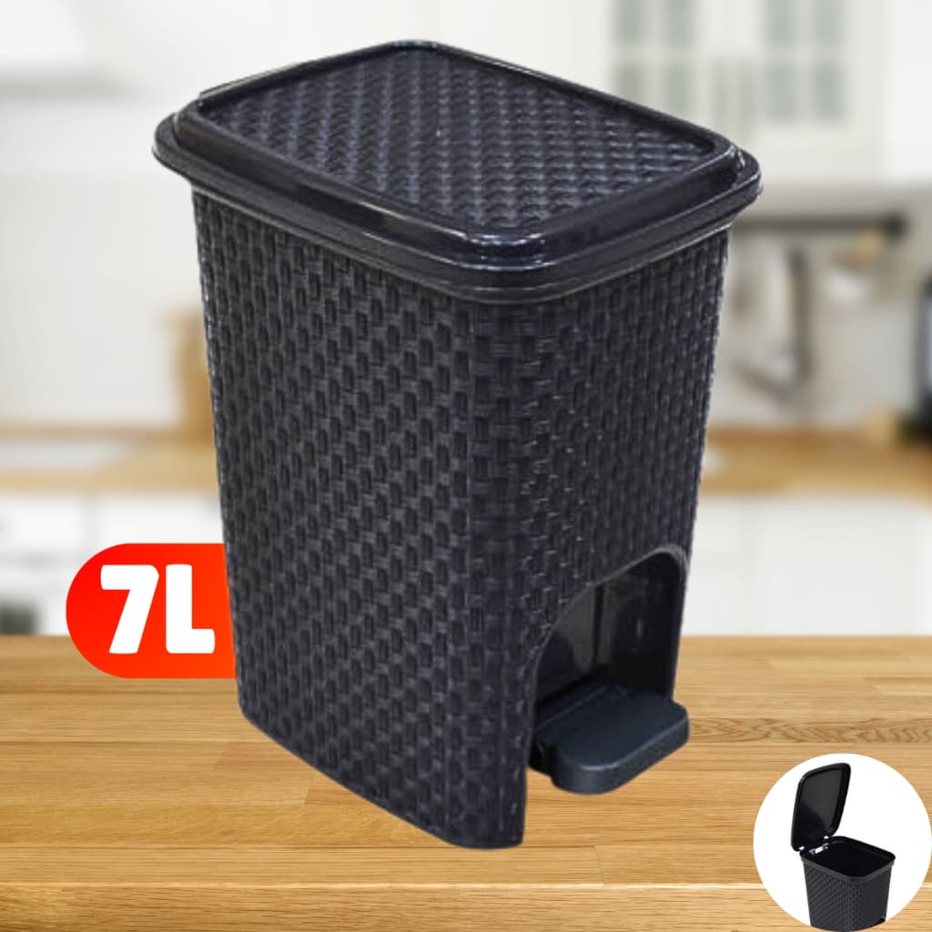 Lixeira 7 Litros Cesto de Lixo Com Tampa Pedal Para Cozinha Banheiro Escritório Rattan Reforçada Plástico Preta