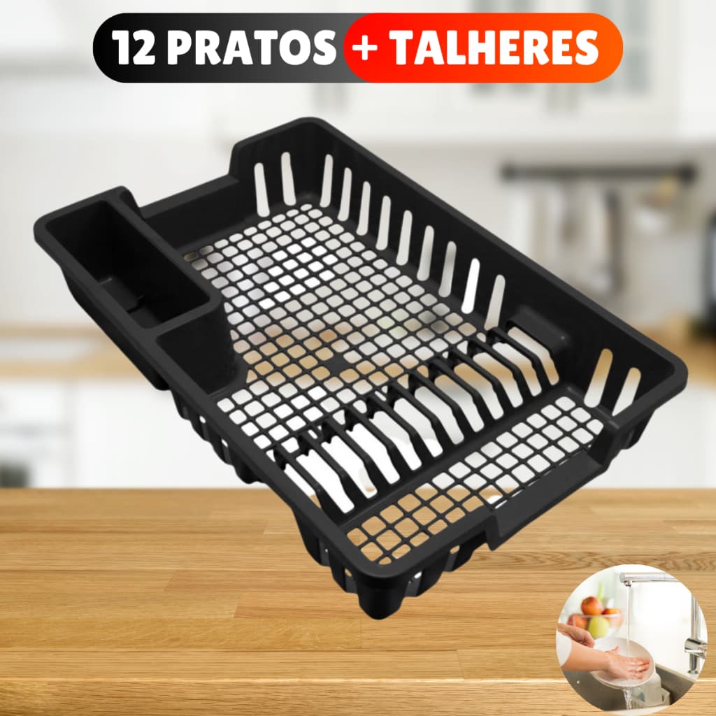 Escorredor de Louças 12 Pratos Cozinha Plástico Preto Escorredor Louça Copos Talheres