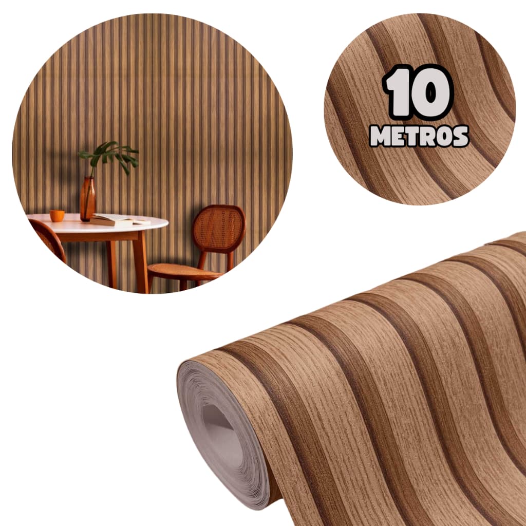 Papel de Parede 10 Metros e 5 Metros Adesivo Efeito Painel Ripado Madeira Ripada Impermeável Rolo Lavável