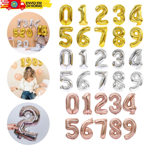 Balão Número Metalizado 45cm Rose Gold Dourado Prata Para Aniversário Festas Decorações