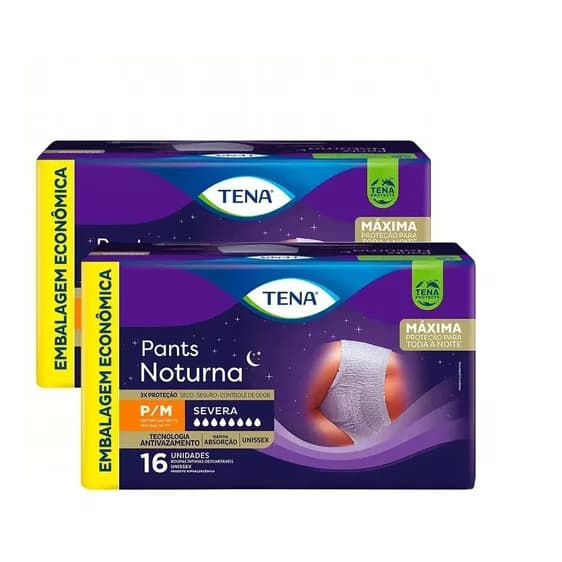 Kit 2 Pacotes Roupa Íntima TENA PANTS NOTURNA P/M 16un cada - Total 32un