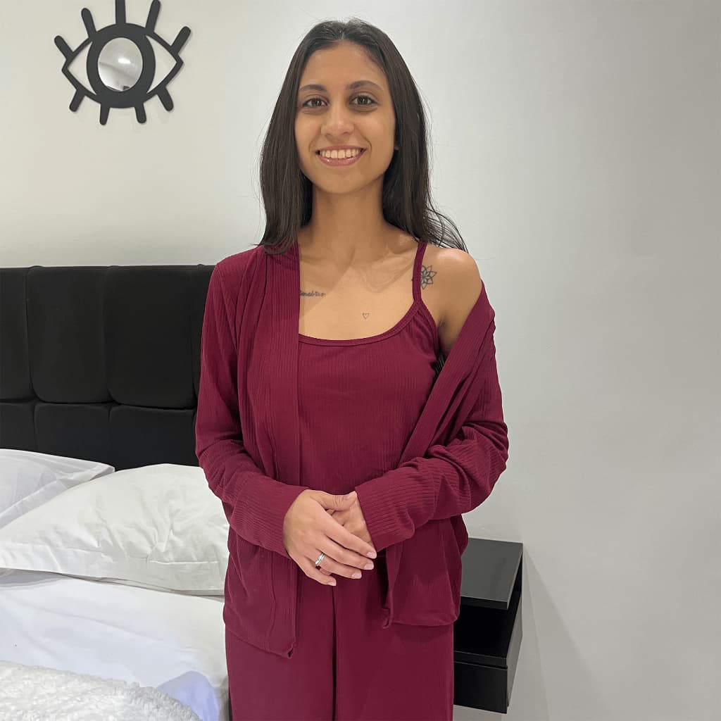 Pijama Feminino Adulto 3 Peças com Kimono e Calça Suede Canelado