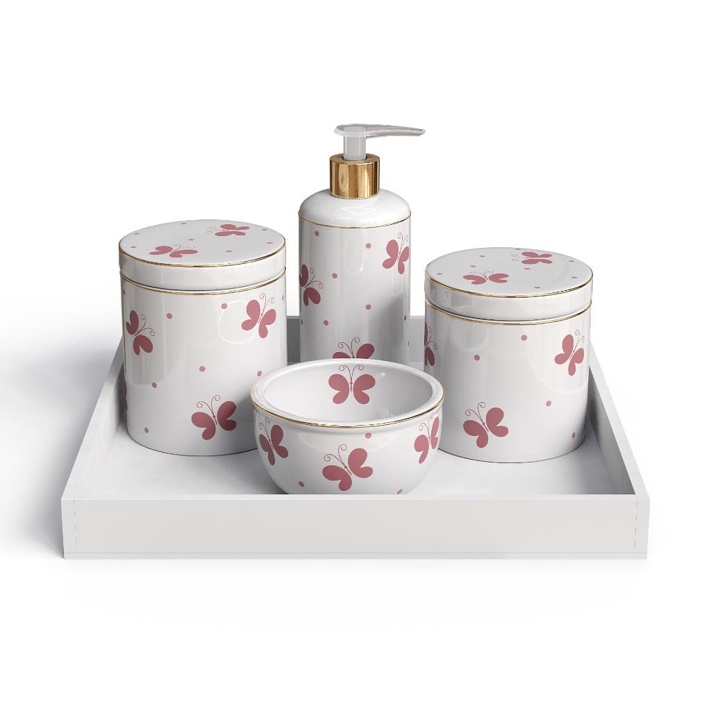 Kit Higiene Bebe Menina Borboletas Completo Filete Ouro