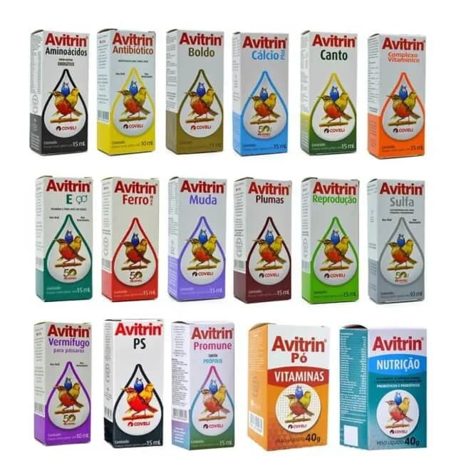Suplementos para Pássaros Avitrin Biotrin Canto Lindo Ferro Boldo Cálcio Antibiótico Vermífugo