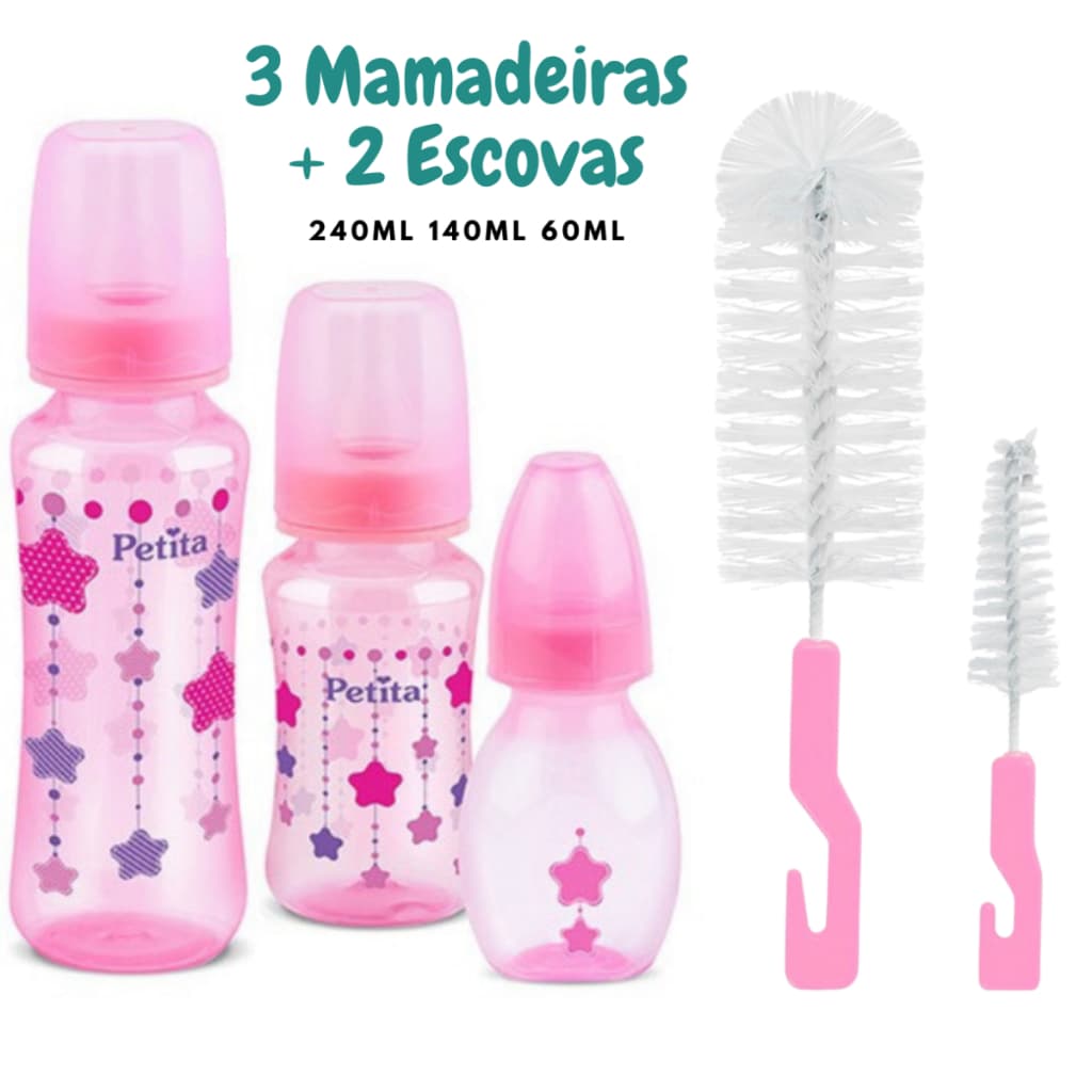 Kit 3 Mamadeiras + 2 Escovas para Lavagem