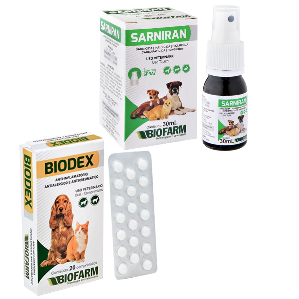 Kit Biodex + Sarniran Pet 30ml Anti Inflamatório Anti Alérgico Sarnas Fungos Carrapatos Pulgas