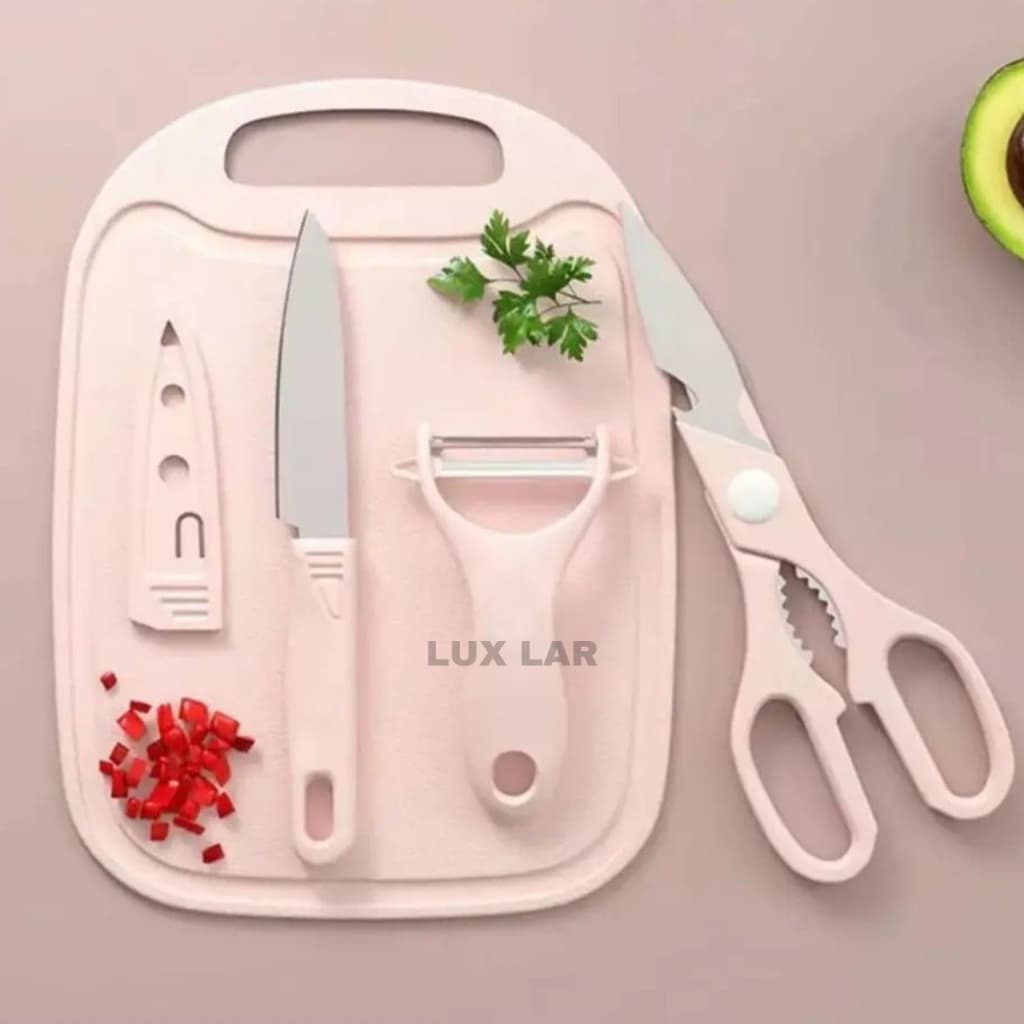 Kit de Utensílios de Cozinha 5 Peças Faca Tesoura Descascador Tábua Culinária Inox Legumes Verduras Carne