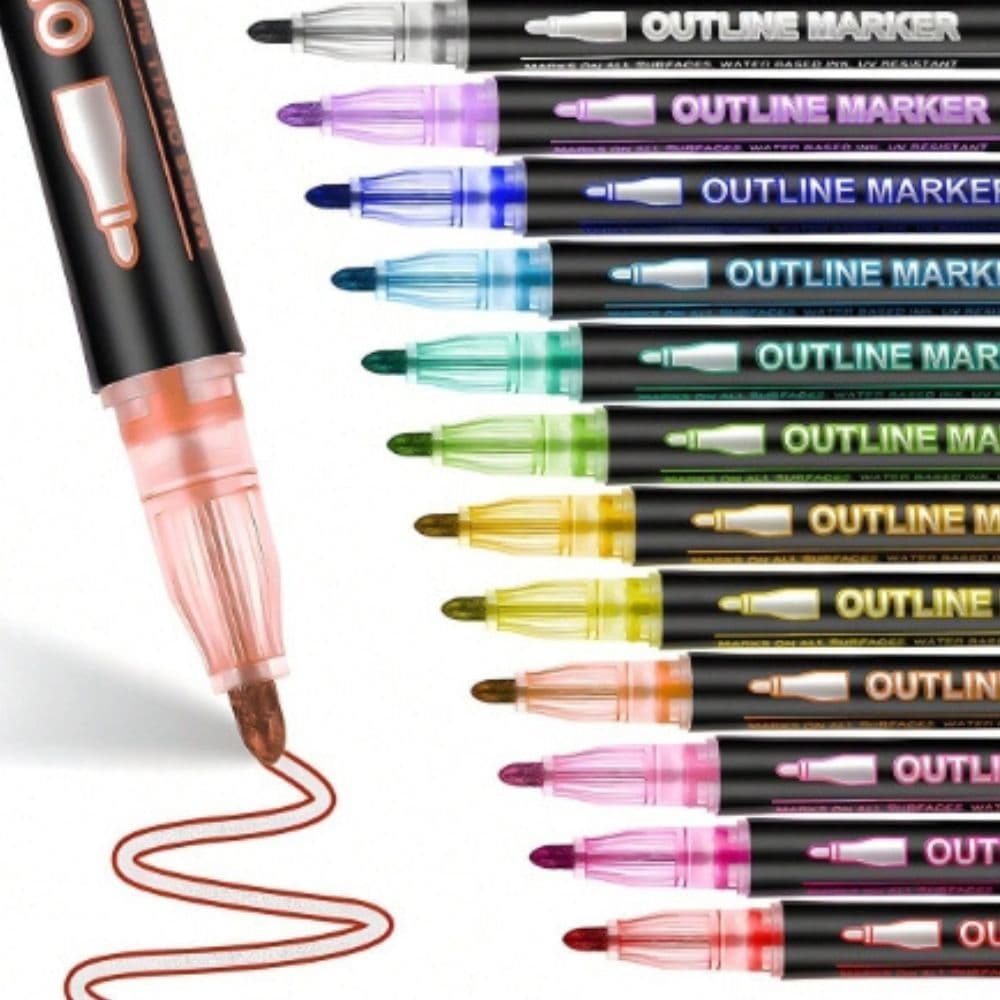 Duas Linhas 8 cores Canetas Brilhante Metálicas Outline Marcador Metálica Linha Dupla Arte Contorno