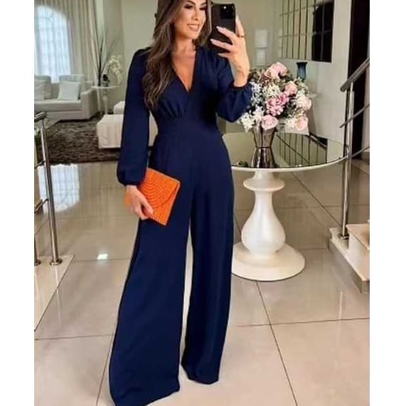 Macacão duna, com decote em V, Calça longa super em alta