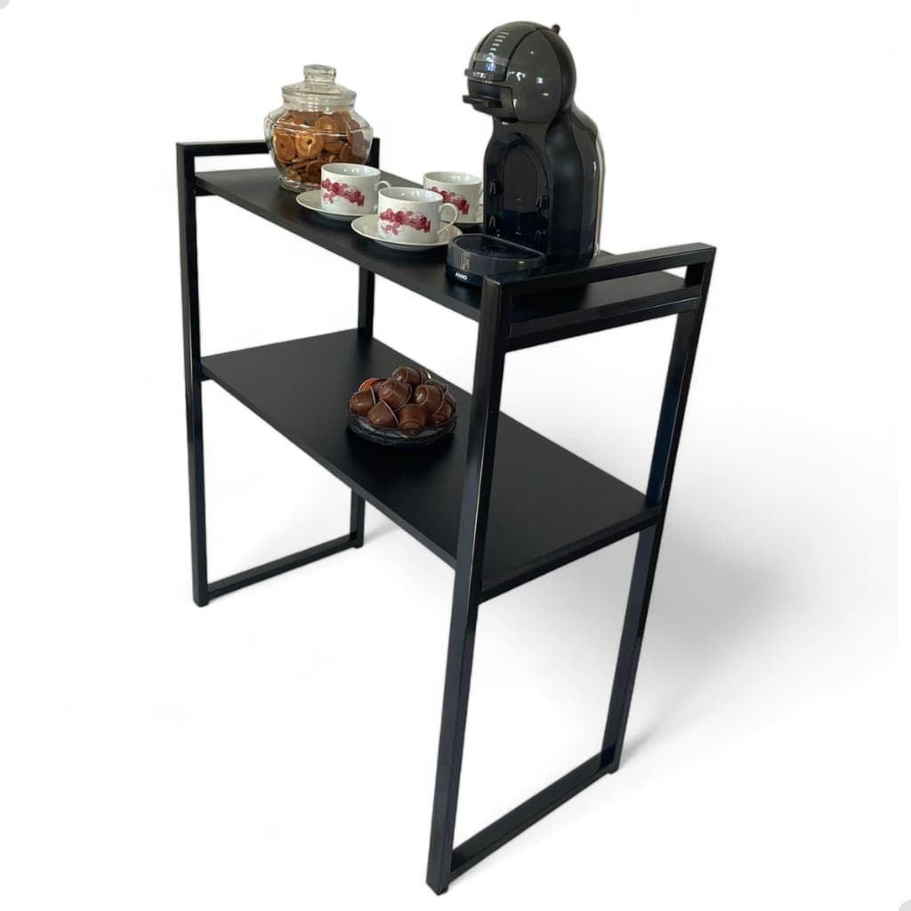Aparador Buffet Cantinho do Café Mesa Industrial de Decoração 2 Prateleiras Madeira Premium Aço Sala Recepção