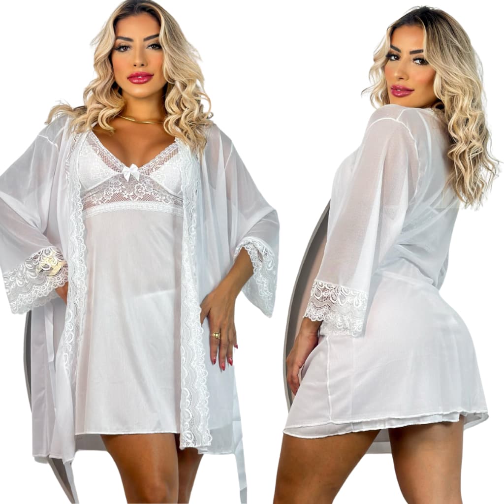 Kit Noiva com 1 camisola feminina sensual  e 1 robe luxo de renda acompanha 2 calcinha fio dental