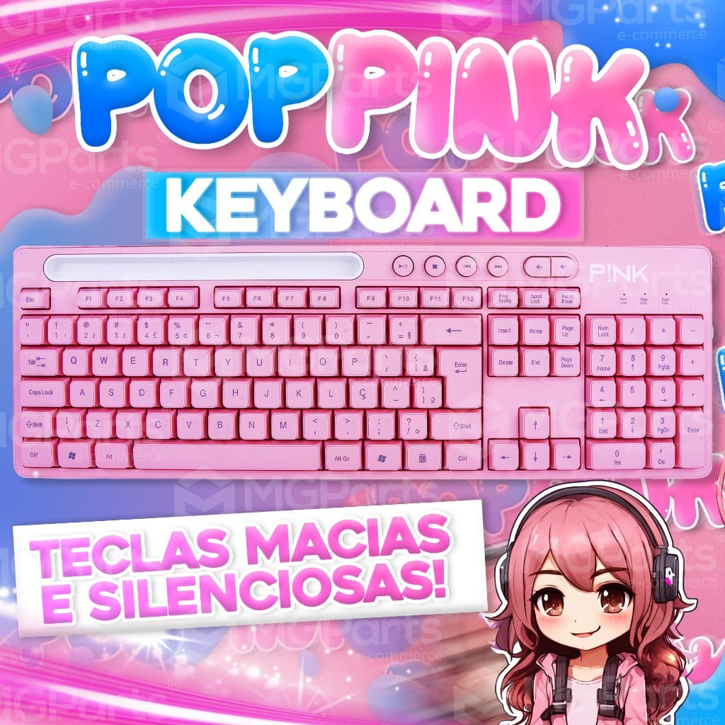 Teclado USB Rosa Multimídia Semi-Mecânico Ergonômico com Suporte Celular Fofinho Feminino Presente