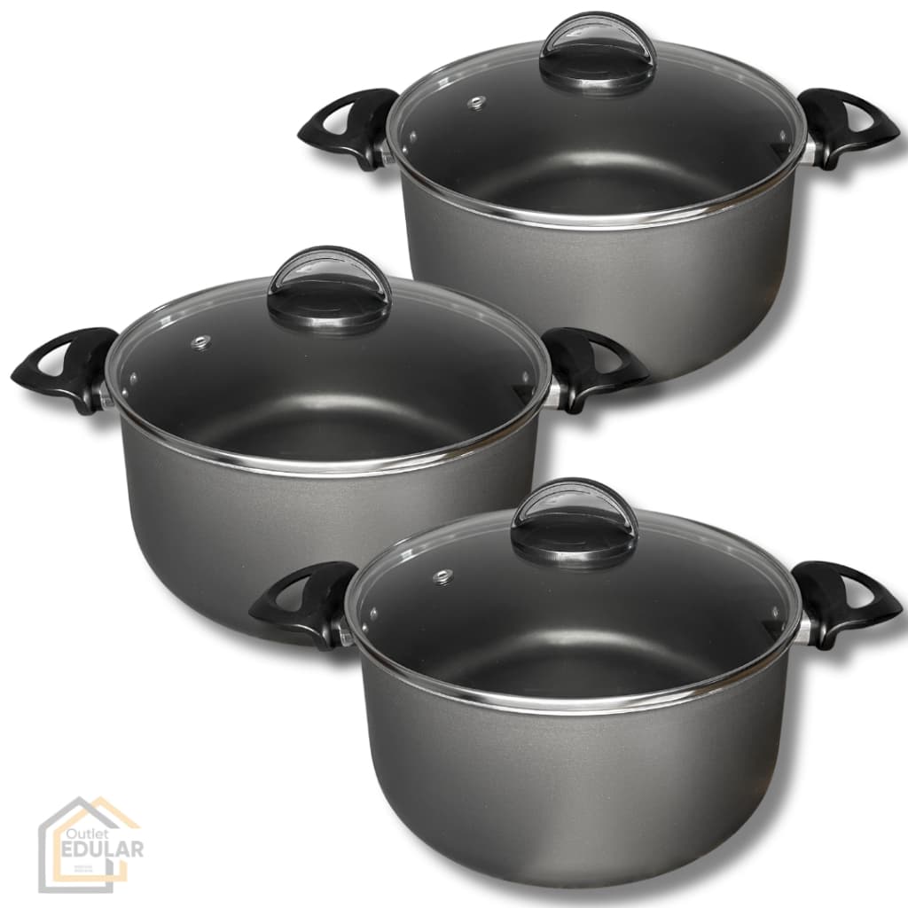 Kit Jogo 3 Peças Panelas Caçarolas 16 18 e 20 cm Antiaderente 5 Camadas de Teflon com Tampa de Vidro
