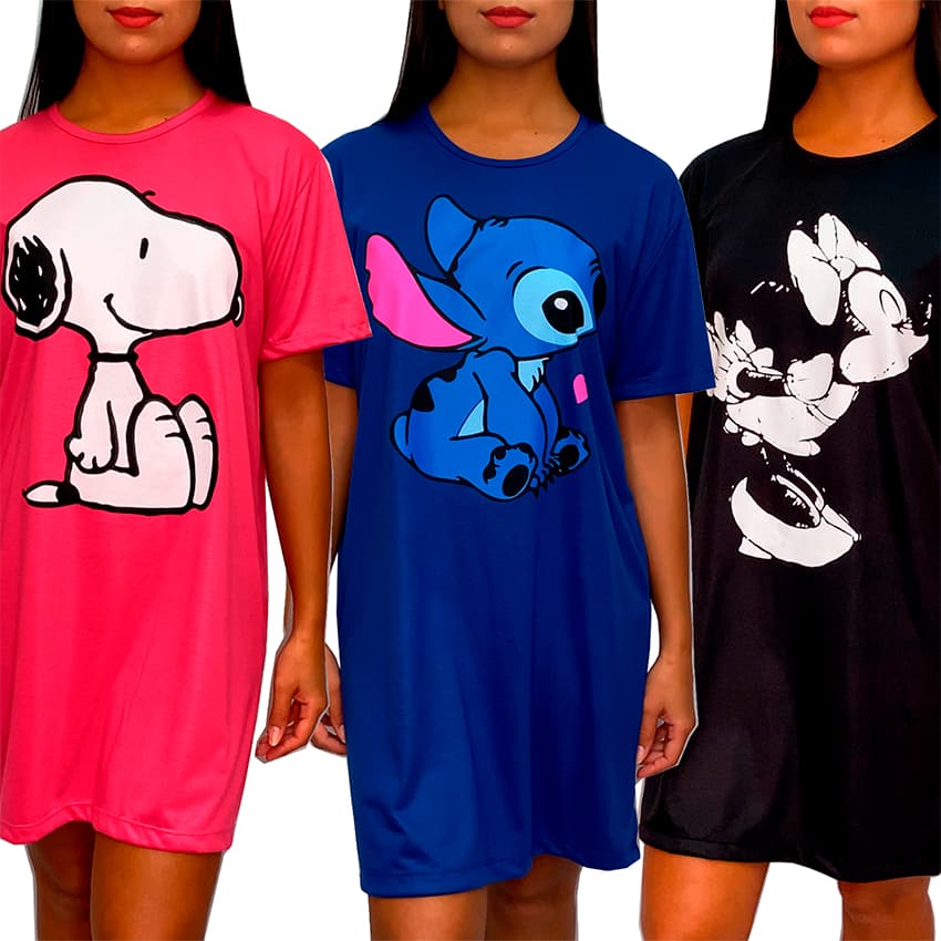 Camisola Camisão de Personagem Feminino Desenhos Divertidos Manga Curta Adulto em Malha