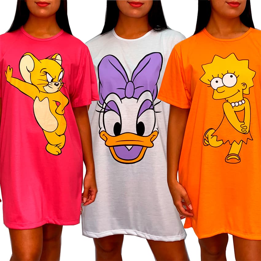 Camisola Camisão de Personagem Feminino Desenhos Divertidos Manga Curta Adulto