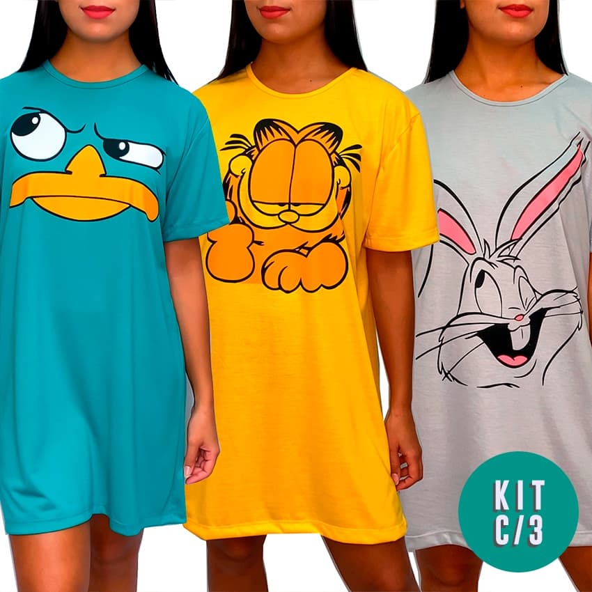 Kit com 3 Camisolas Camisão de Personagem Feminino Desenhos Divertidos Manga Curta Adulto em Malha