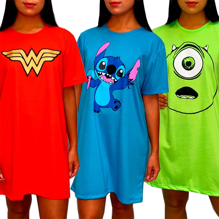 Camisola Camisão de Personagem Feminino Desenhos Divertidos Manga Curta Adulto Plus