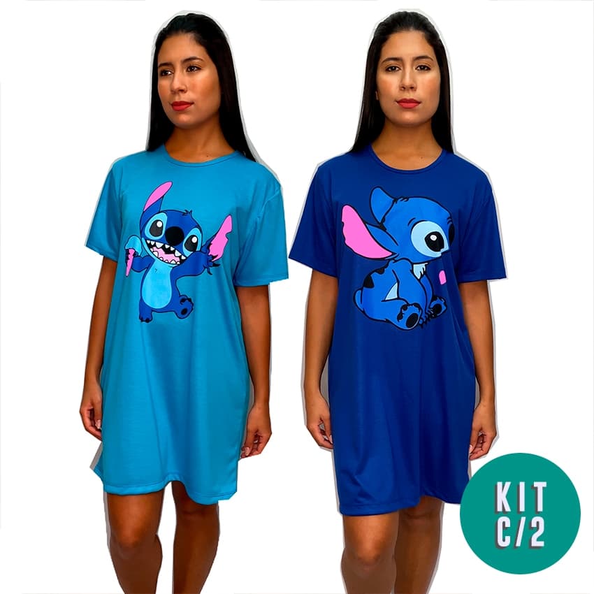 Kit com 2 Camisolas modelo Camisão de Personagem Feminino Desenhos Divertidos Manga Curta Adulto
