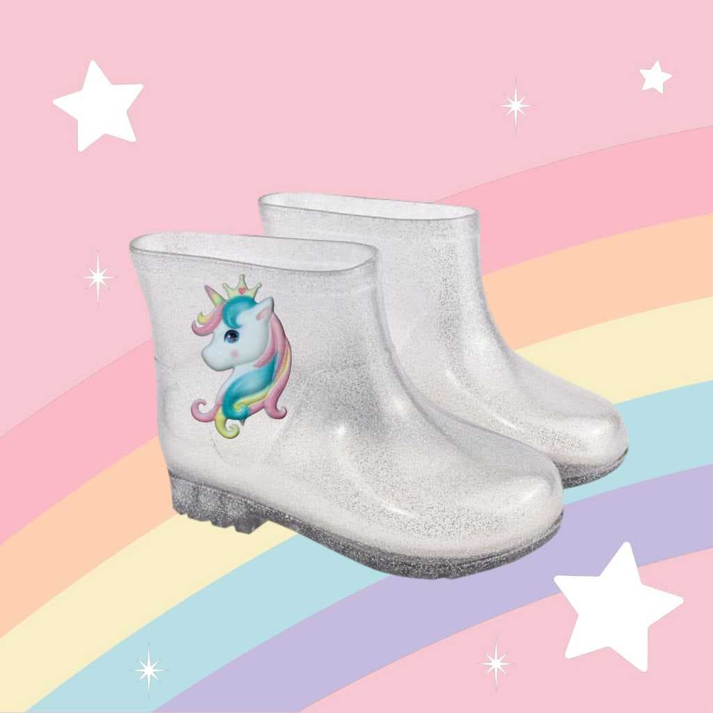 Bota Galocha Infantil Juvenil Menina estilosa Impermeável Cristal Gliter unicornio