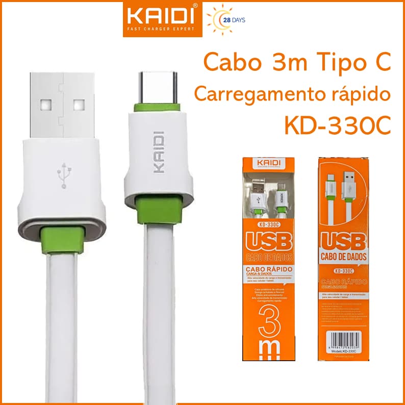 Cabo Carregamento USB para Tipo C 3m Kaidi KD-330C