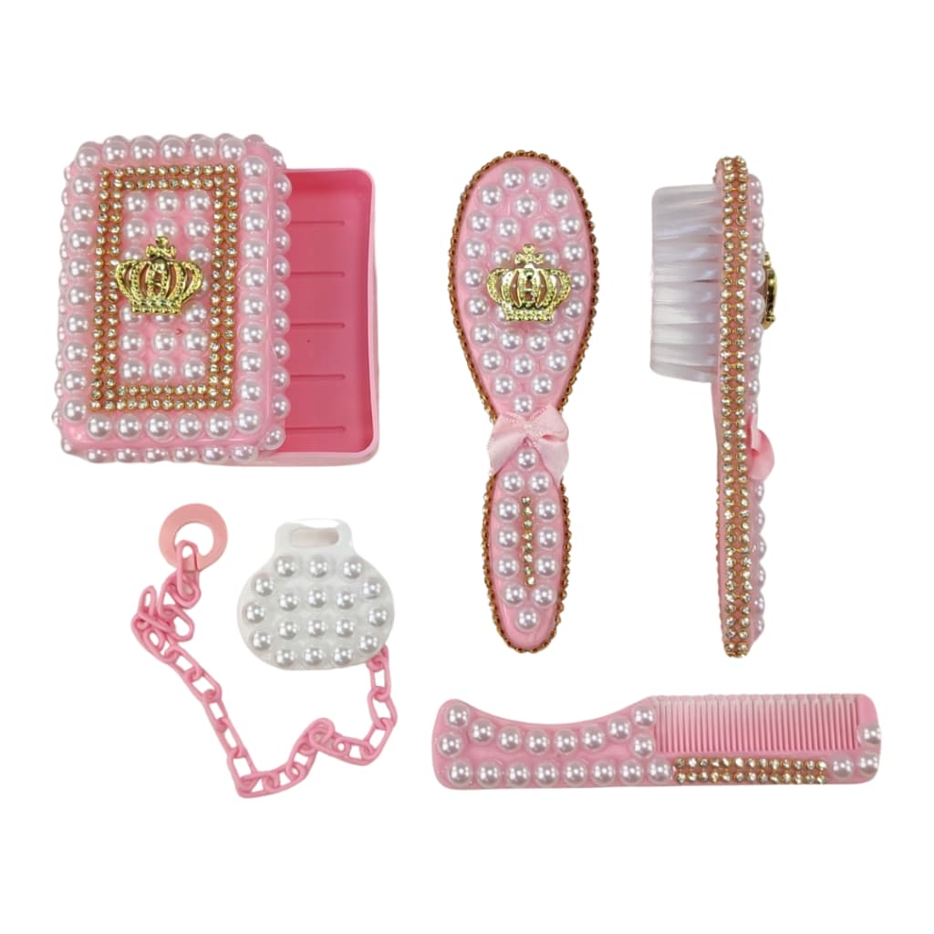 Kit higiene para bebê Escova + Pente + Saboneteira + Prendedor de Chupeta luxo decorado com Pérolas