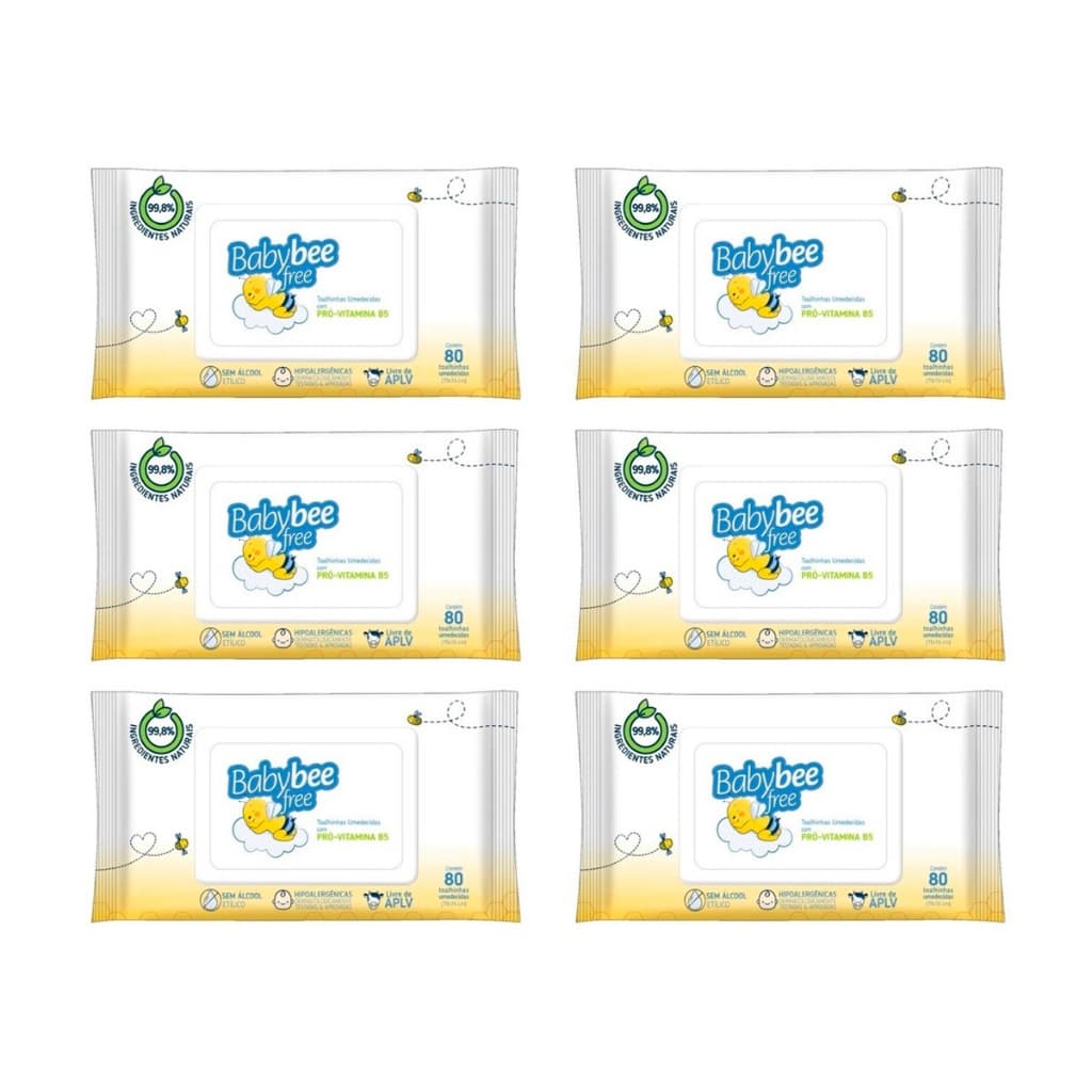 Baby Bee Free Kit com 6 Pacotes Lenço / Toalha Umedecida - 80un cada