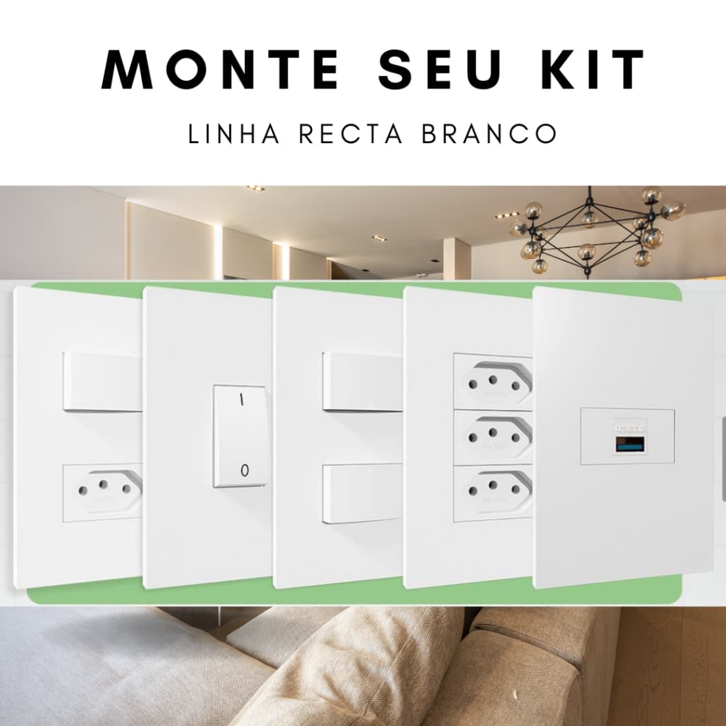 MONTE SEU KIT tomada 10a, 20a, interruptor simples, paralelo, tomada dupla, Recta Branco Gloss 4x2
