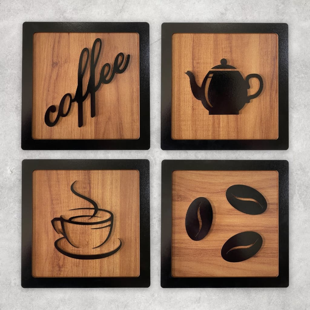 Kit 4 Quadros Cantinho Do Café Mdf Relevo 3d Plaquinha 15cm Decoração Para Cozinha