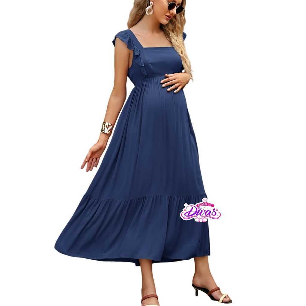 Vestido Gestante Longo com Babados na Alça
