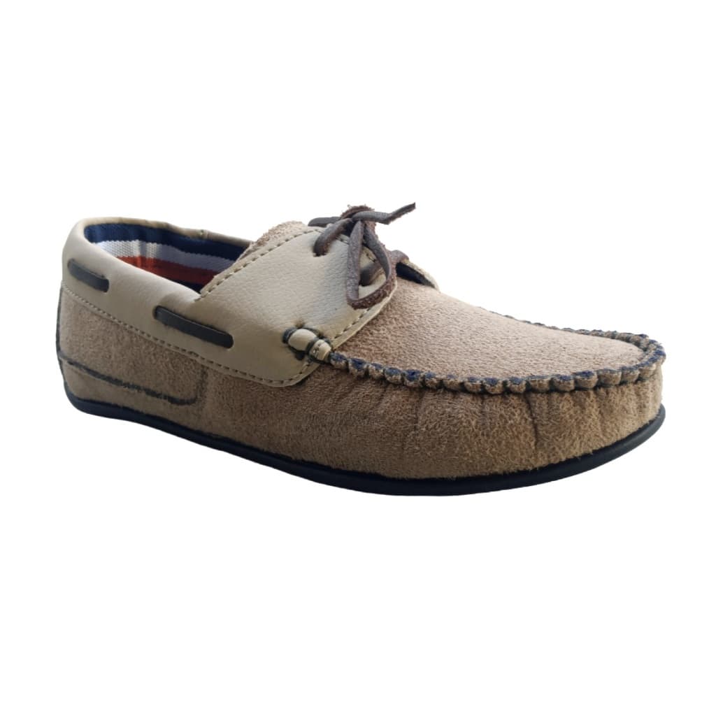 Mocassim Infantil Masculino Tipo Dock-Sider Material Camurça sintética cor bege-areia sola borracha