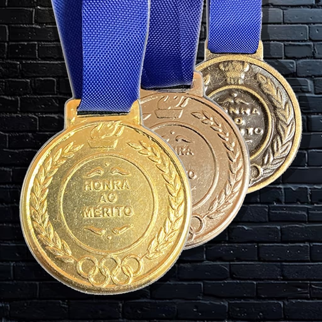 20 Medalhas Honra ao Mérito Dourada Prateada Bronze Com Fita Azul Futvolei Beach Esportiva Eventos Material Metal