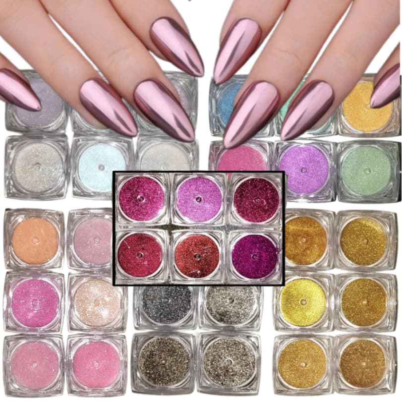 Kit Com 6 Potes Pó Cromado Espelhado Para Unhas Nail Brilhantes FJ7704/V60/FJ7706/V59/V62/V56