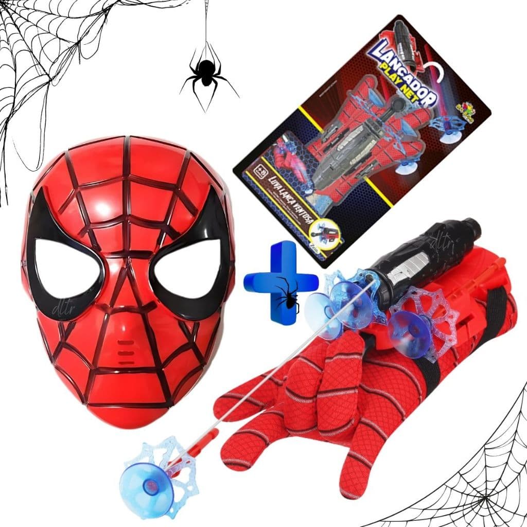 Mascara Homem Aranha + Luva Homem Aranha Lança Teia Spider Man Brinquedo Presente