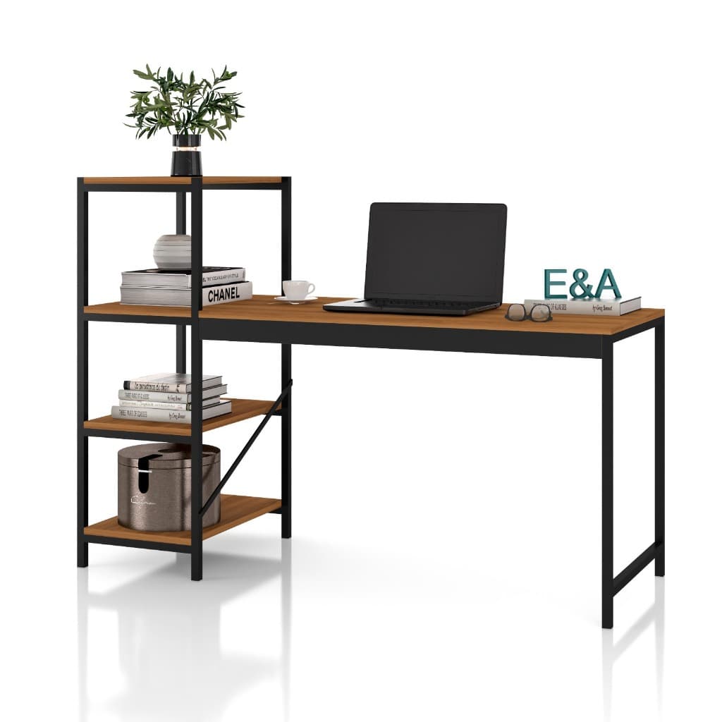 Mesa Home Office C/ 3 Prateleiras E&A - Preto/Canela
