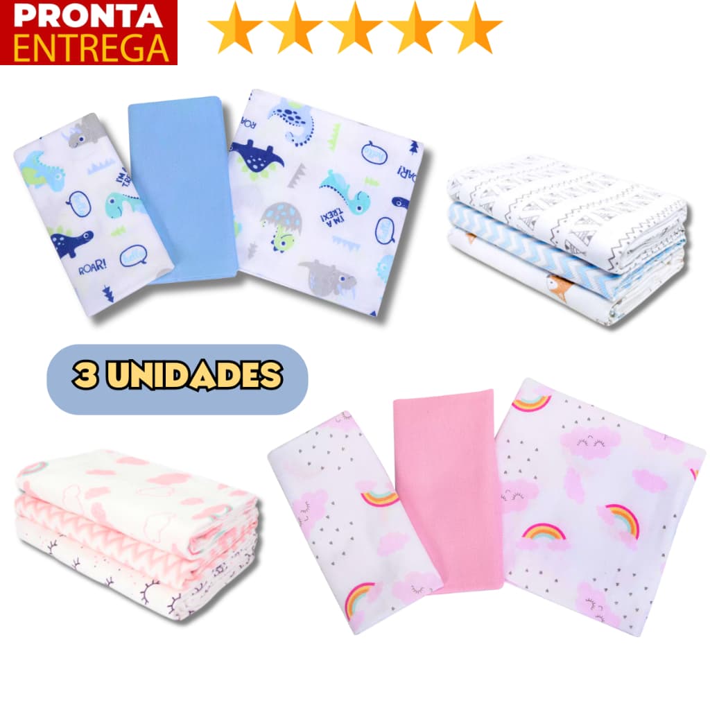 Kit 3 Cueiro Flanelado Estampado 50 x 80 Enxoval Infantil Bebê Menino Menina