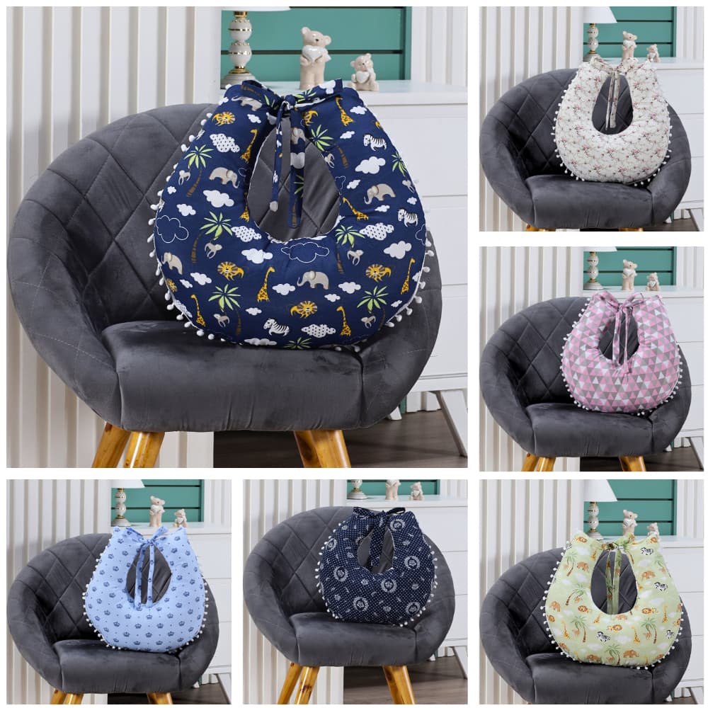 Almofada Amamentação para Amamentar Travesseiro com Zíper e Pompom Grelot 100% Algodão