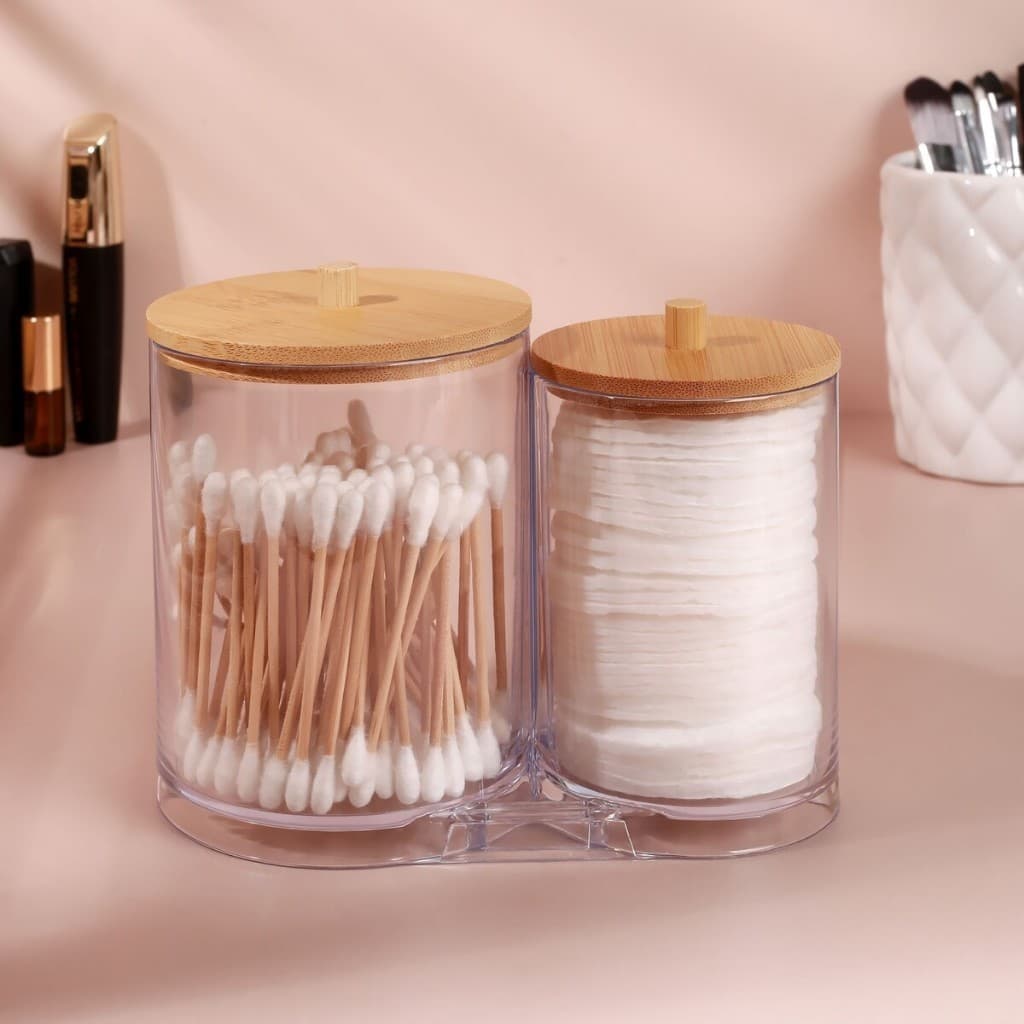 Porta Cotonetes Duplo Em Acrílico Ou Tampa Bambu 15x15x12cm Organizador de Algodão Super Resistente