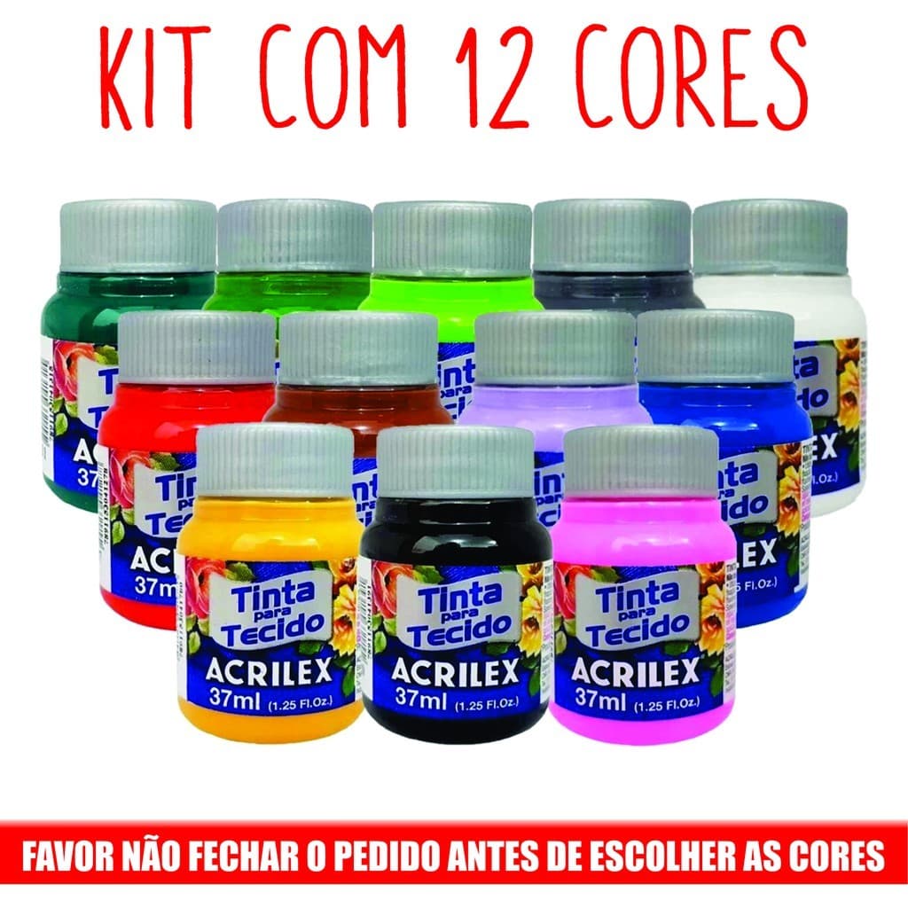 Kit Com 12 Tintas De Tecido Acrilex 37ml - Escolha As Cores