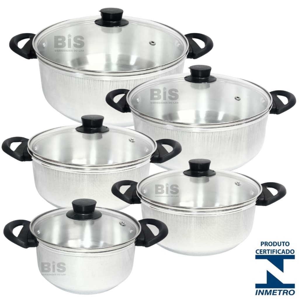 Jogo de Panelas 5 Peças Com Tampa de Vidro Kit Caçarola 16/24 Em Aluminio Polido