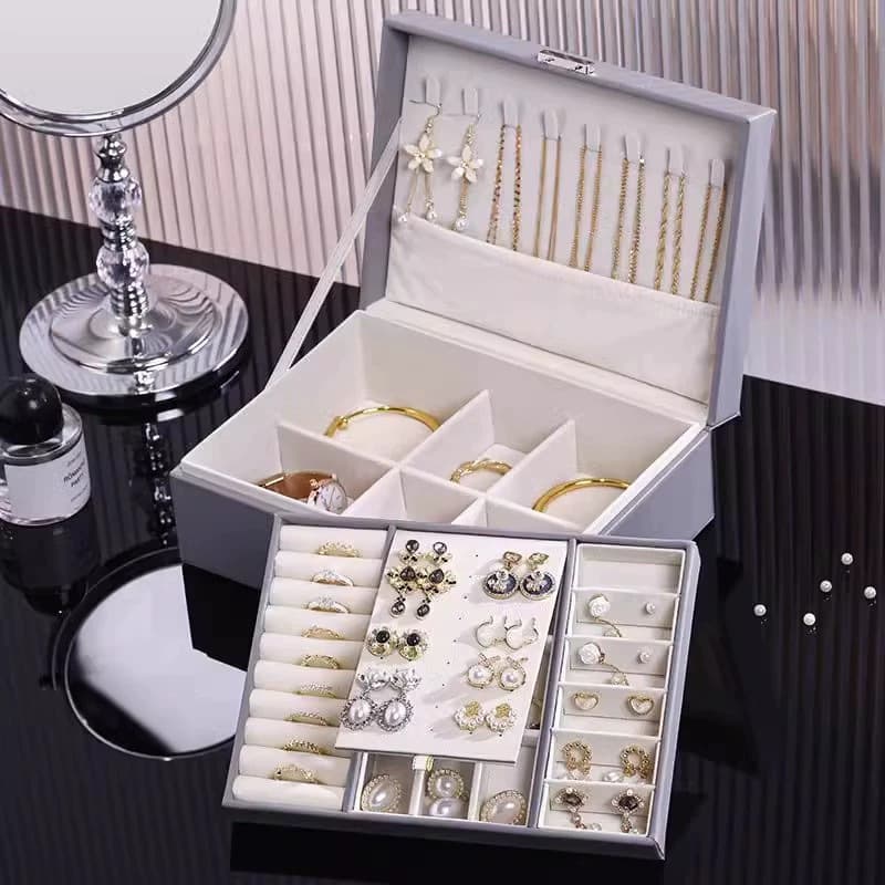 Porta joias couro armazenamento 2 camadas de alta qualidade Q11