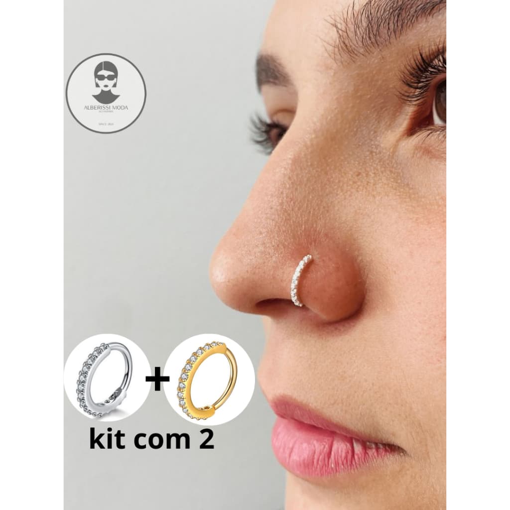 Kit 2 Piercing Argola Nariz Cravejado Strass 6mm ou 8mm