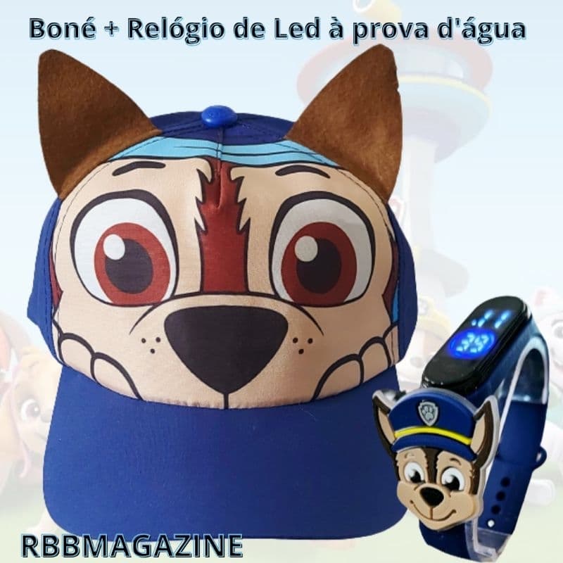 Kit Boné e Relógio personagens Patrulha Canina Chase, Rubble, Marshall e Skie kit infantil