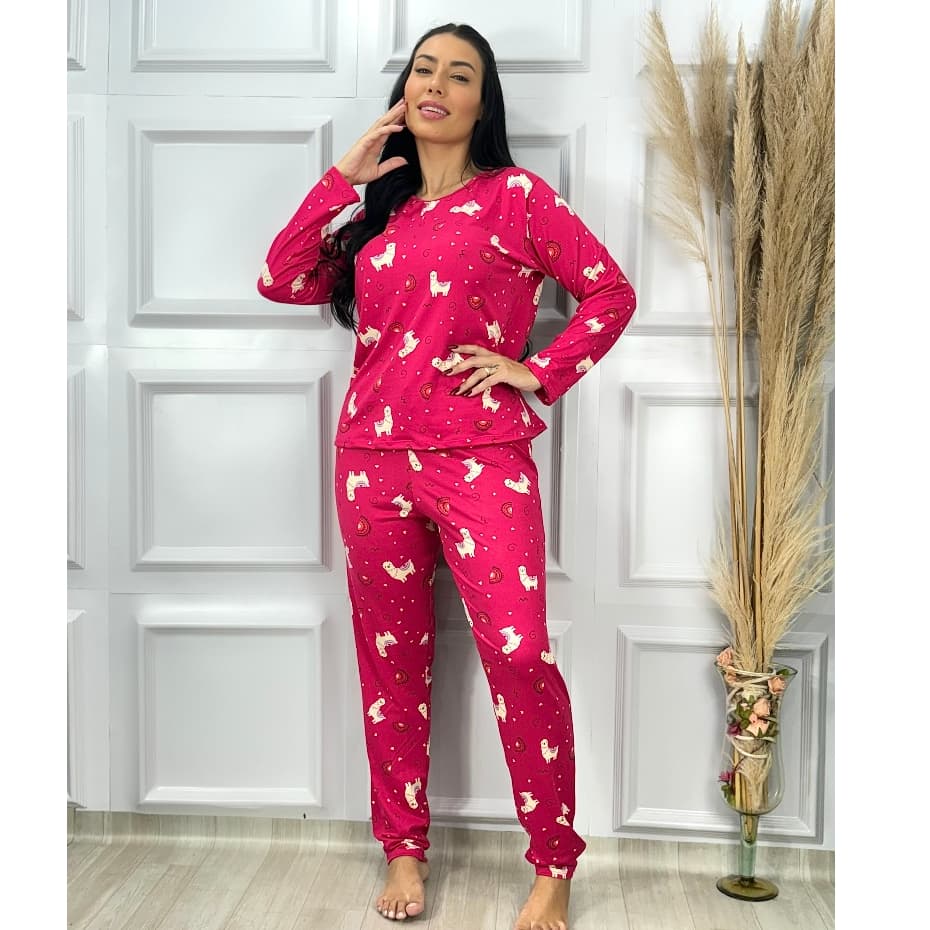 Pijama Suede Feminino Longo Inverno Estampado Blogueira Linha Noite Pijama Frio Calça e Blusa